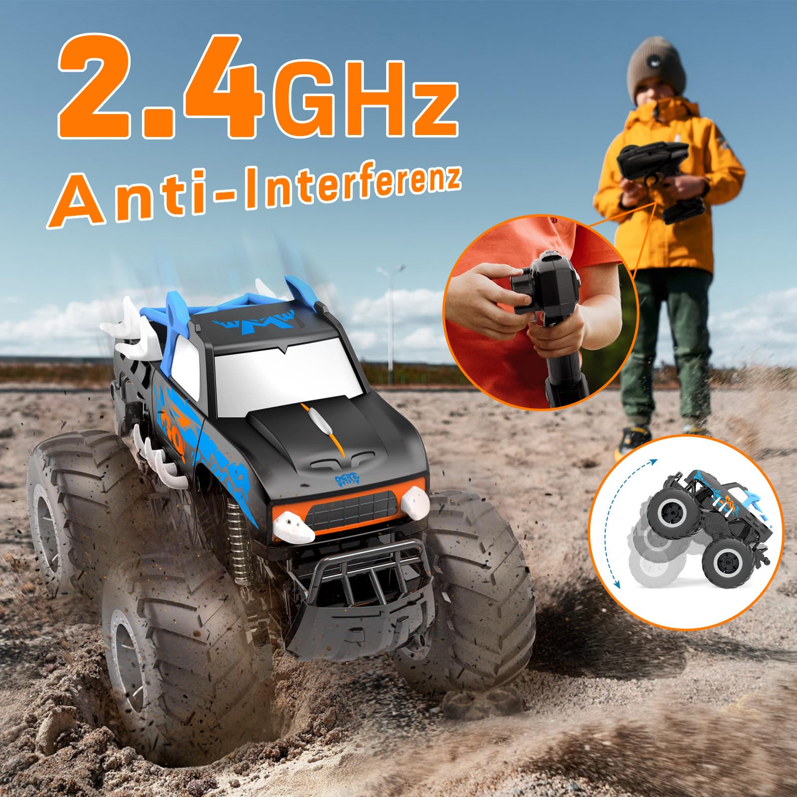 Gindoly Ferngesteuertes Auto,2,4 GHz Ferngesteuerter Monstertruck, 4WD 15+ km/h Hobby Offroad RC Auto, Wasserdicht Geländewagen Auto mit 2 Batterien, Spielzeug für Kinder ab 6 7 8 9 10 11 12 Jahre 5
