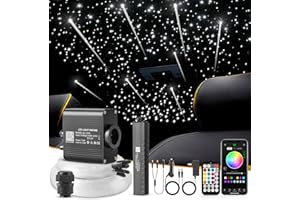 SUNKENET 16W Meteor Twinkle LED Fiber Optic Lights, Bluetooth APP/Remote Control Star Ceiling Light Kit+Adapter+Car Use Plug+Shooting Stars Kit, 500pcs of (0.03+0.04+0.06in)*13.1ft for Car/Home