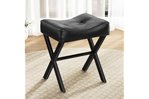 Memobarco 18-Inch Leather Vanity Stool Chair, Vanity Bench with Metal X-Leg, Ottoman Accent Stool with Thick Padded Saddle Seat, Black