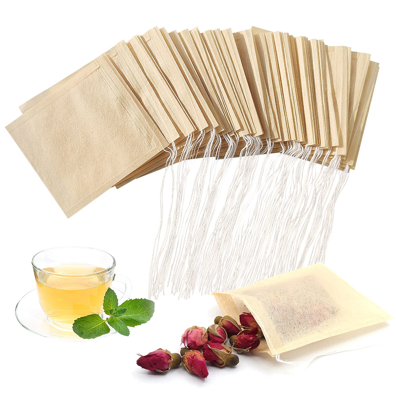 SumDirect Disposable Tea Filter Bags - 7x8cm Small Empty Paper Unbleached Biodegradable Pouches with Drawstring for Loose Tea, Coffee Grounds, DIY Herbal Tea Bags (Original Color, 100PCS)