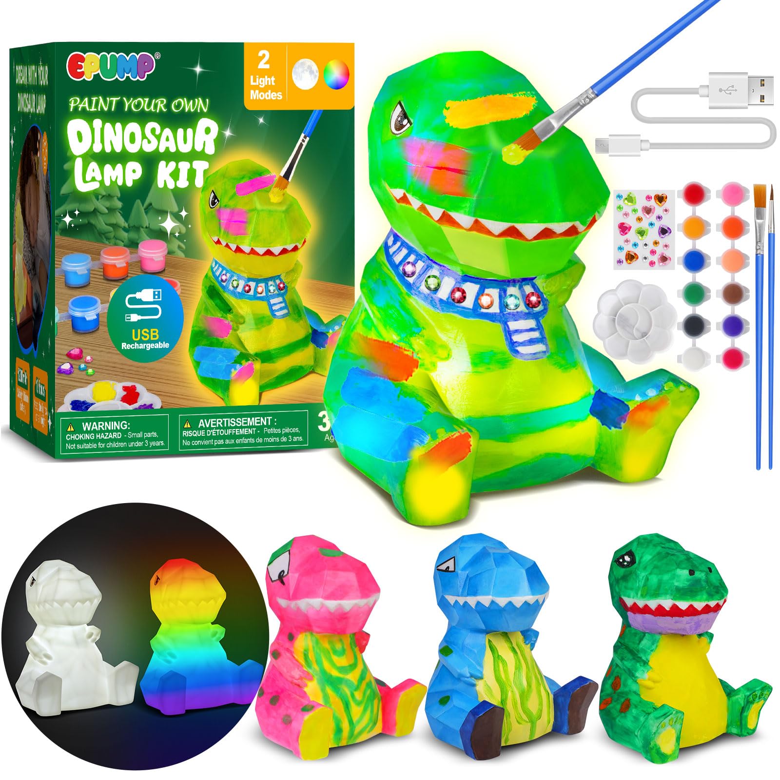 EPUMP Paint Your Own Dinosaur Lamp Kit with 2 Light Modes（ Rechargeable 1200mAh） - Arts Craft Night Light - Birthday Easter Painting Toys Gifts for Kid Boys Girls Ages 5 6 7 8 9 10 11 12+ — image 1