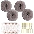 Teenitor Hair Bun Maker Kit and Hair Net, 4 Pcs Medium Hair Donuts For Buns, 10 Pcs Mesh Hair Nets Invisible, 10 Pcs U Shaped Hair Pins for Women, Tan Brown