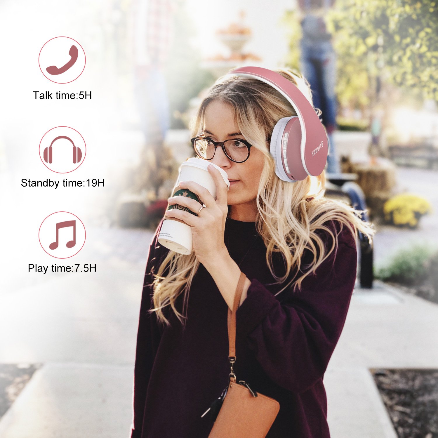 Cuffie Bluetooth 4 in 1 Pieghevole Wireless Auricolari con Mic, Lettore MP3, Radio FM, Auricolare Collegato, Regalo Cuffie Over Ear Stereo per Phone Portatili PC (oro rosa)