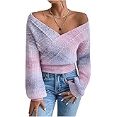 SOLY HUX Women's Tie Dye Sweater V Neck Wrap Long Sleeve Knit Pullover Fall Casual Jumper Tops