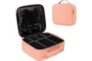 CARRYWELL (Not Made In China) Travel Makeup Train Case, Cosmetic Case Organizer, Make Up Bag Storage With Adjustable Dividers For Cosmetics, Jewelry, Fragrance, Nail Polish and Brushes (Pink, Small)
