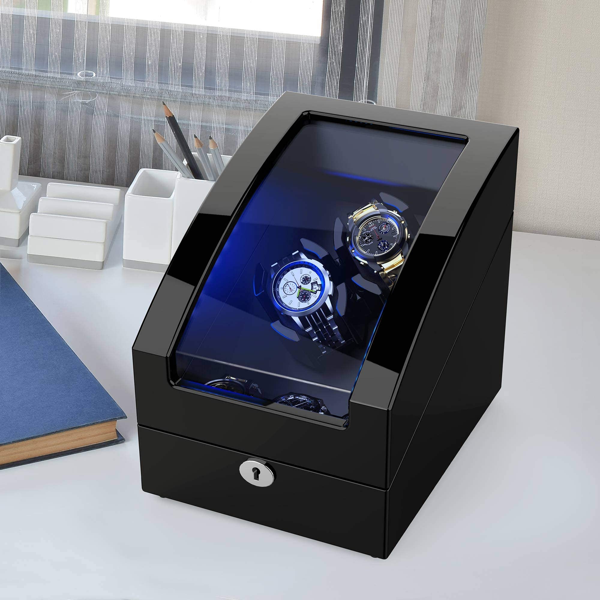 TRIPLE TREE Double Watch Winder+ 3 Soft Leather Watch Pillows LED Automatic Watches Winding Box Wood Shell Mechanical Watch Shaker Japanese Quiet Motor Watch Spinner Case Fit Lady and Man Watches