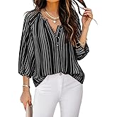 Triratna Womens Blouses Dressy Casual V Neck 3/4 Sleeve Tops Fashion Boho Chiffon Button Down Shirts