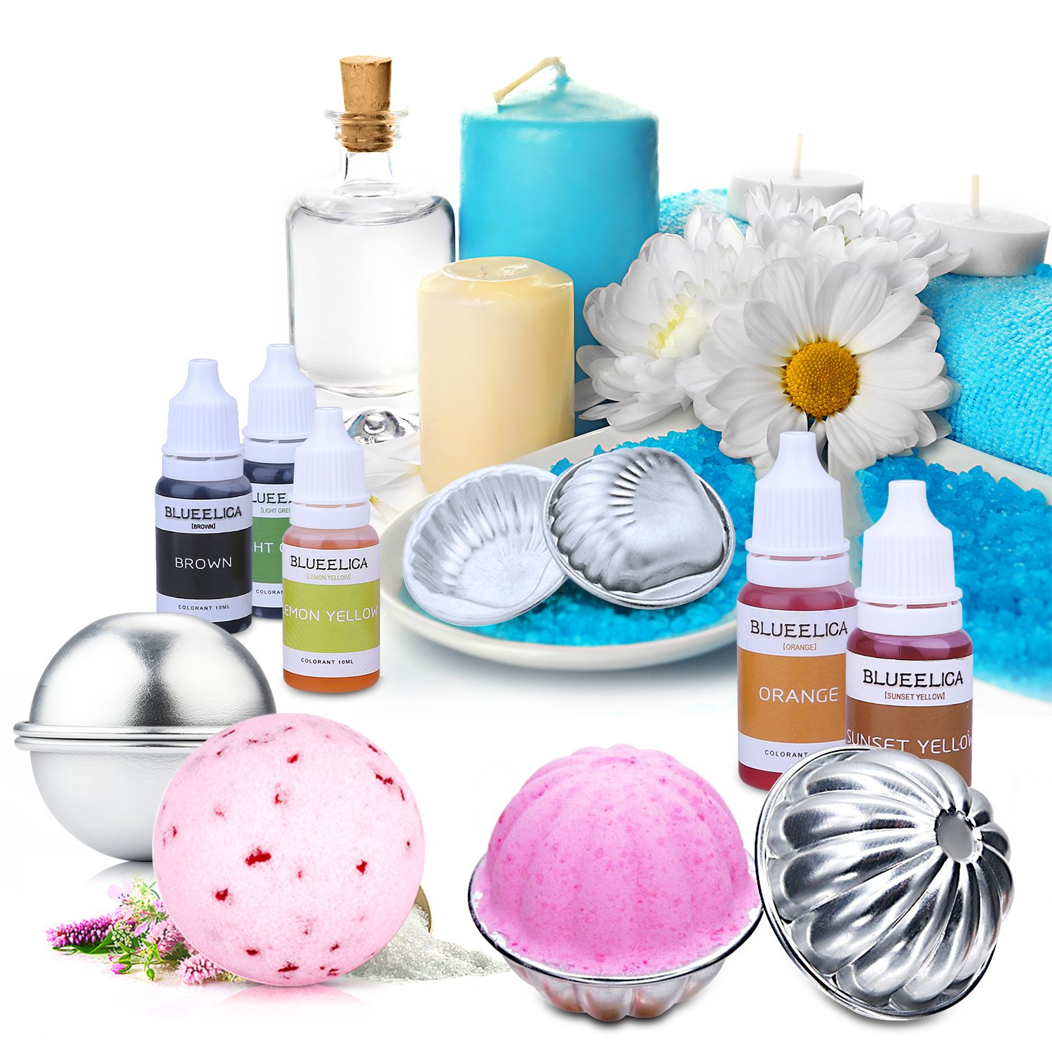Bath Bomb Making Supplies Kit with 10 Colors Liquid Soap Dye,10 PCS 5 Set Metal Bath Bomb Molds,50PCS Shrink Wrap Bags,Spoons for DIY Handmade Soaps and Crafting Your Own Fizzies