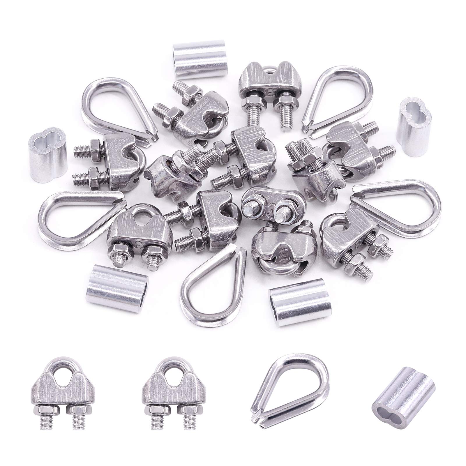 Swpeet 24Pcs M3 (5/16") Wire Rope Accessory Set, Included M3 Wire Rope Cable Clip Clamp, M3 Stainless Steel Thimble, 3mm Aluminum Crimping Loop Sleeve Perfect for 1/8 inch Wire Rope Cable (M3)