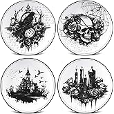 Vesici 4 Pcs 9in Halloween Gothic Plates Ceramic Halloween Dinnerware Set | Vintage Reusable, Gothic Dinnerware Set, Skull Dinner Plates, Kitchen Decoration Spooky Gift, for Home Decorative