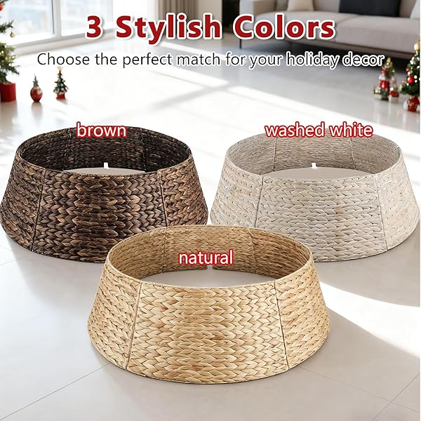 CHRISTMAS TREE COLLAR, EXTRA LARGE ROUND TREE COLLAR HYACINTH HANDWOVEN 42IN, CHRISTMAS TREE RING RATTAN WICKER RUSTIC CORD CUT OUT METAL FRAME DECORATION TO COVER ARTIFICIAL TREE (NATURAL)
