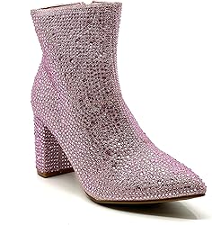 Women Rhinestone Block Chunky Heel Ankle Bootie
