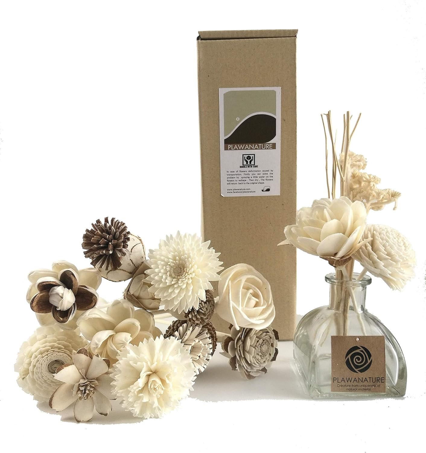 Plawanature Set of 12 Mixed Sola Wood Flower with Reed Diffuser for Home Fragrance Aroma Oil, Beige, 5x20