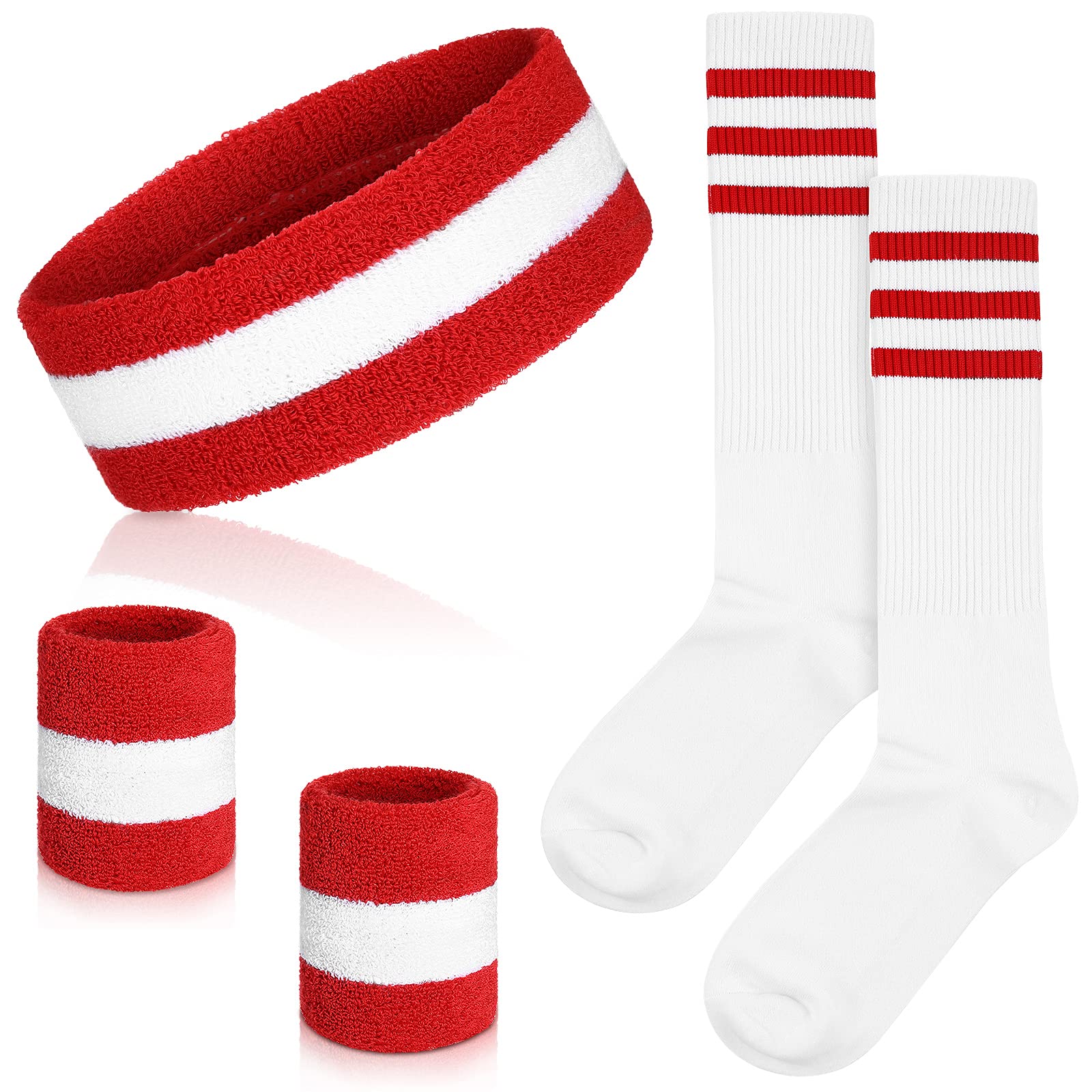 5 Pieces Striped Sweatbands and Striped Socks Set Include 1 Set Wrist Sweatbands Headbands and 1 Pair High Striped Sports Headbands Set for Men and Women 80s Party (Red and White)
