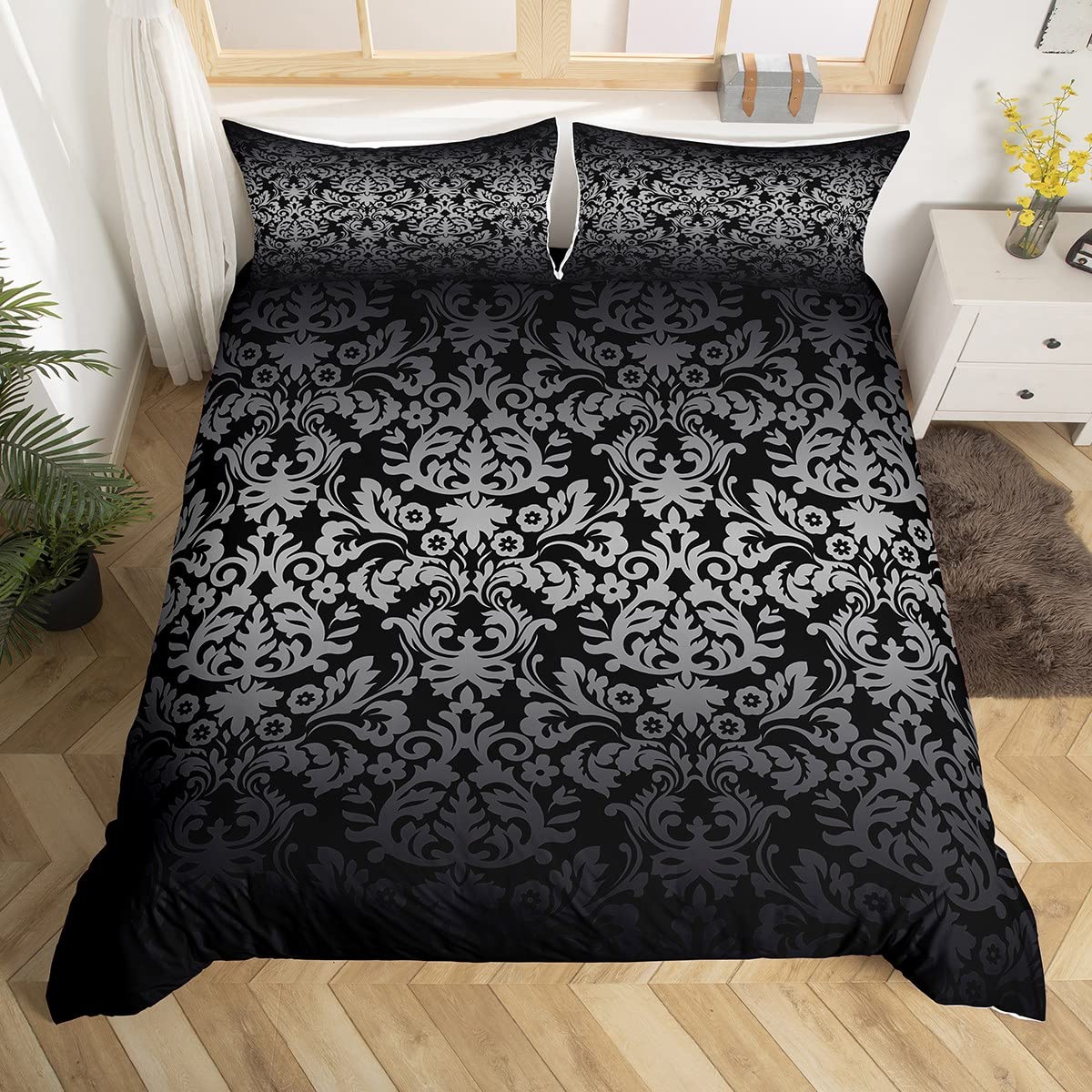 Homewish Black Single Size Duvet Cover Sets, Ombre Black Damask Bedding Set for Kids Adults, Victorian Baroque Floral Comforter Cover, Hotel Luxurious Bohemian Medallion Bedding & Linen