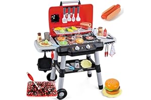 SHEMIRA Kids Play Kitchen Toys, Kids BBQ Grill Playset with Smoke Sound Light, 2-Layer Barbecue Toy with Wheel, Outdoor Play Grill Toys for Toddlers 3-5, Play Food Toys Cooking Set, Birthday Gift for Boy Girl