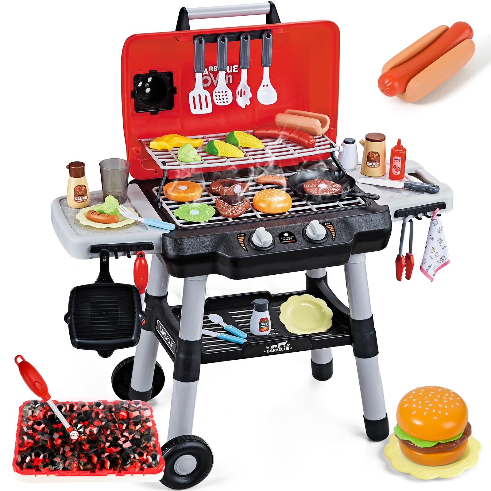 Photo 1 of Kids Play Kitchen Toys, Kids BBQ Grill Playset with Smoke Sound Light, 2-Layer Barbecue Toy with Wheel, Outdoor Play Grill Toys for Toddlers 3-5, Play Food Toys Cooking Set, Birthday Gift for Boy Girl