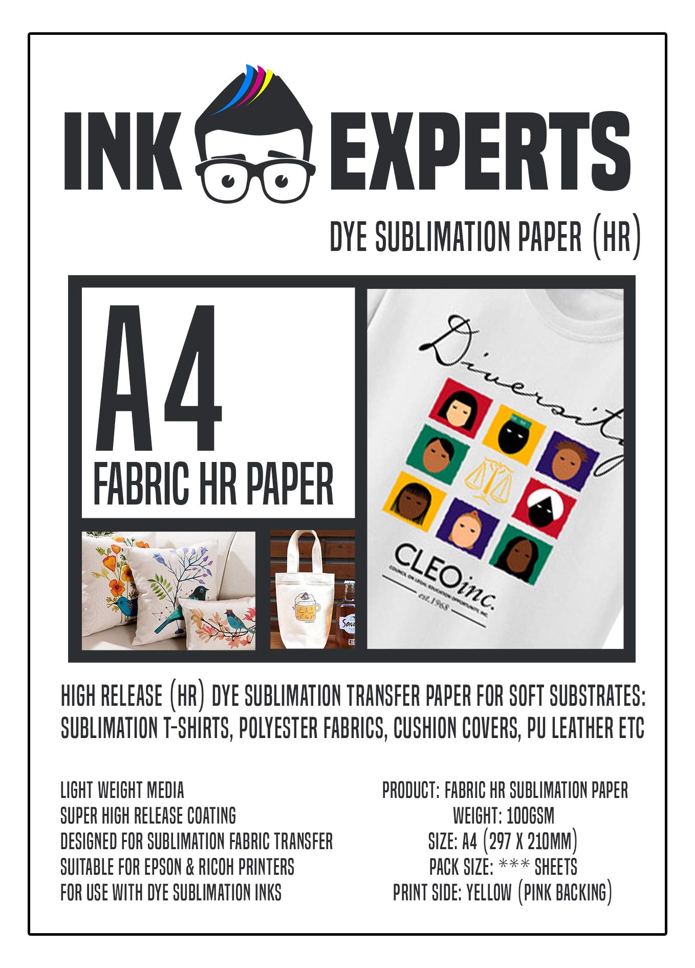 Ink Experts Fabric A4 High Release (HR) Sublimation Paper 100gsm (100 Sheets)
