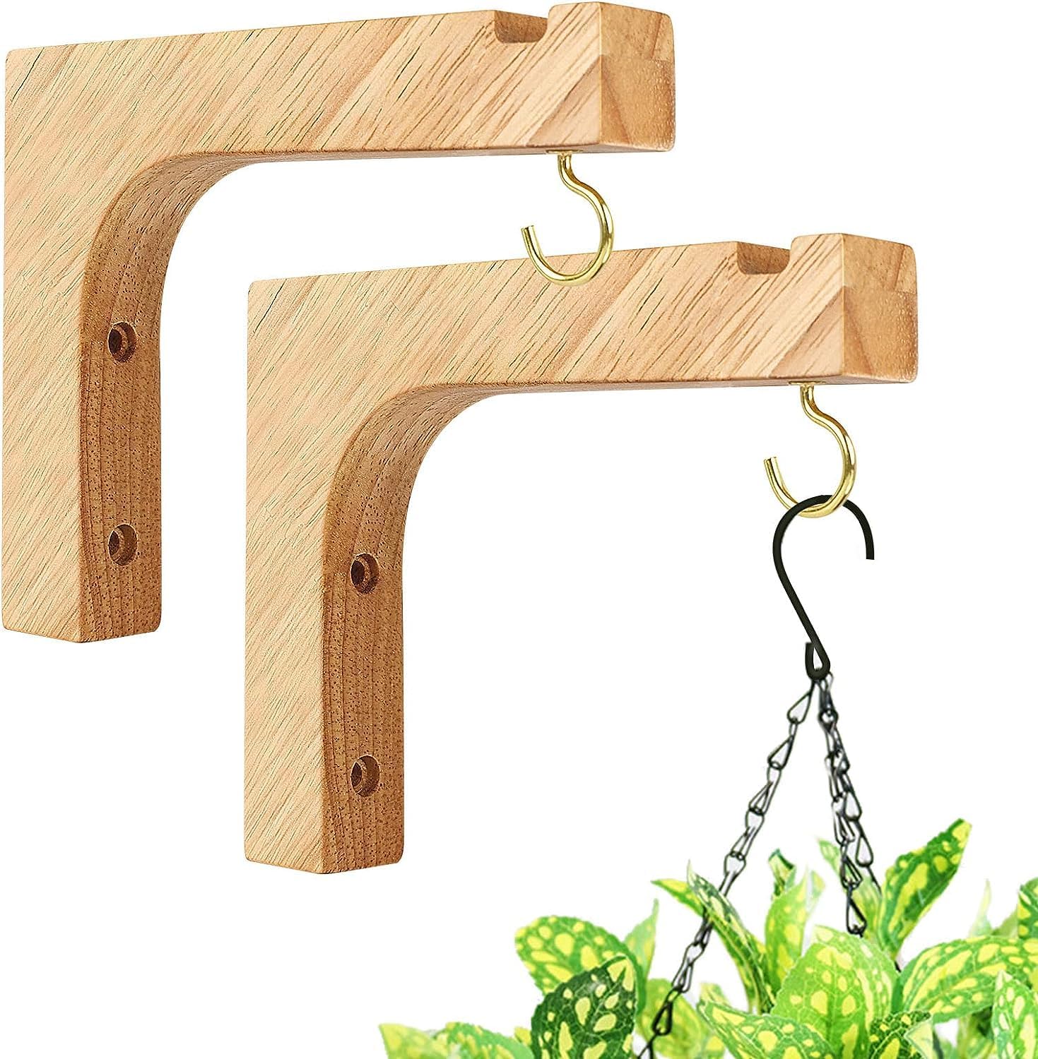 Outdoor Hanging Brackets - LePvo Macrame Plant Hanger, Hanging Wall Planters for Indoor Plants, Wooden Hanging Basket Hooks for Outdoor Pots Wind Chime Flower Bracket Lanterns Patio Garden Decoration (2-Pack,5-Inch)
