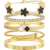 Camhanno 5pcs Gold Stackable Bracelet Set for Women - Stainless Steel Non-Tarnish Clover Lucky Charm Jewelry, Trendy Gift for Girlfriend/Wife on Christmas Valentine’s Birthday
