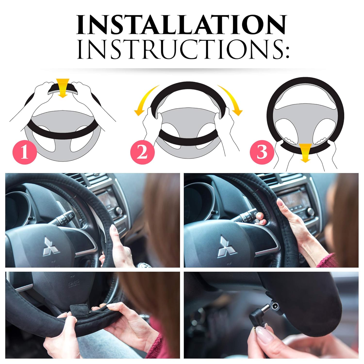 Zone Tech 12v Black 14.5" Heated Steering Wheel Cover Warm Winter