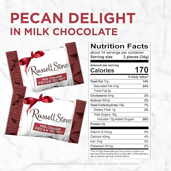 RUSSELL STOVER PECAN DELIGHT GUSSET BAG 16.10 OUNCE RUSSEL STOVER MILK CHOCOLATE COVERED CANDY PACK, CRUNCHY PECANS AND BUTTERY CARAMEL COVERED IN SWEET MILK CHOCOLATE CANDY, INDIVIDUALLY WRAPPED
