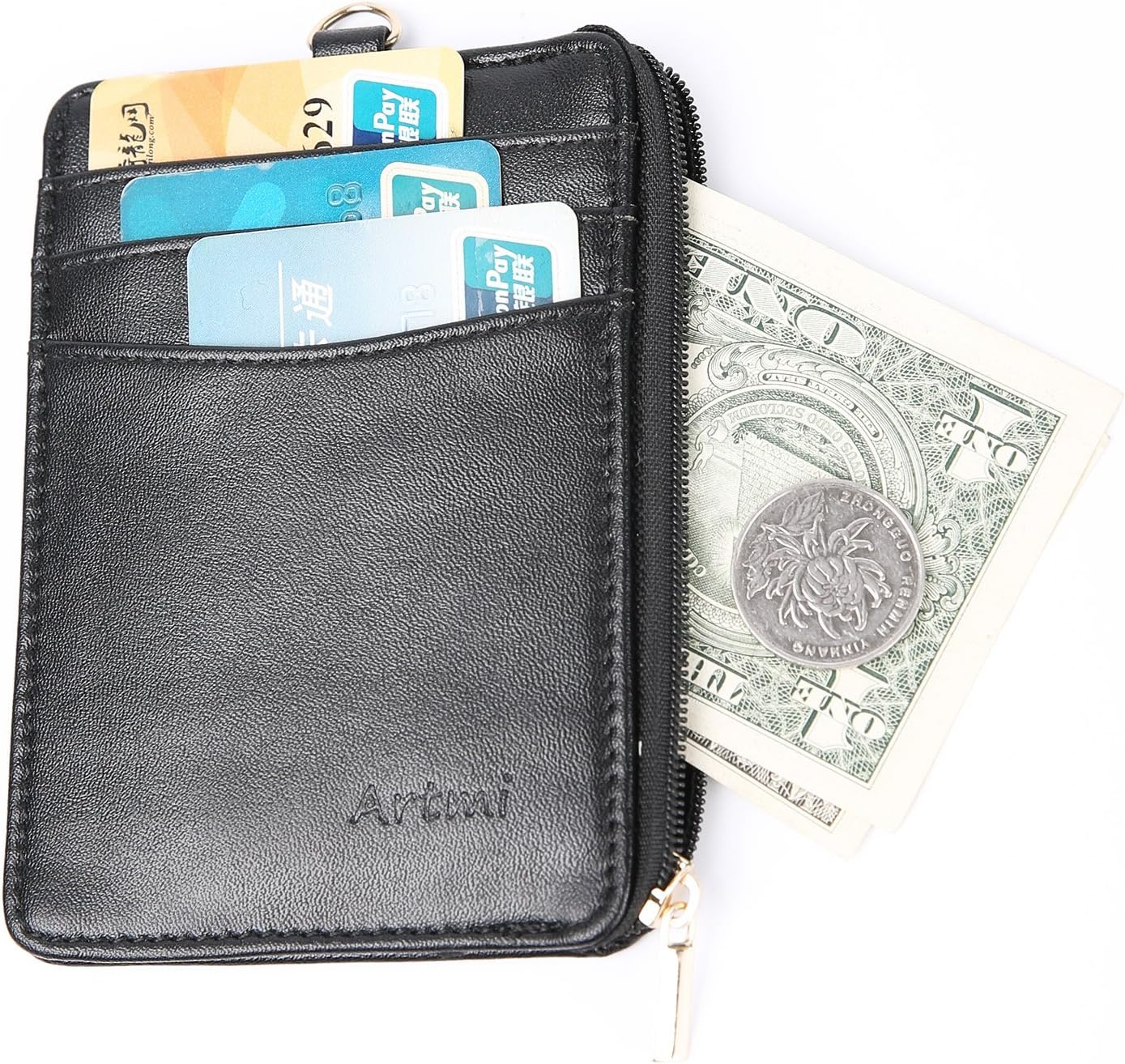 Artmi Womens Wallet RFID Blocking Card Holder Compact Purse with ID Window Keyring (Black)