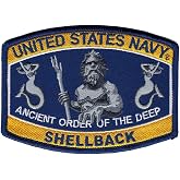 US Navy Shellback King Neptune Collectible Novelty Embroidered Patch | 4.5 x 3.25 inch patch, King Neptune with trident and two mermaids, merrowed edge, iron-on backing. Sized for a ball cap.