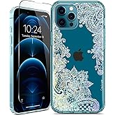 Coolwee Clear Glitter Compatible with iPhone 12 Pro Max Case Thin Flower Cute Crystal Lace Bling Women Girls Floral Plastic Hard Back Soft TPU Bumper Protective Cover Slim Fit Mandala Henna