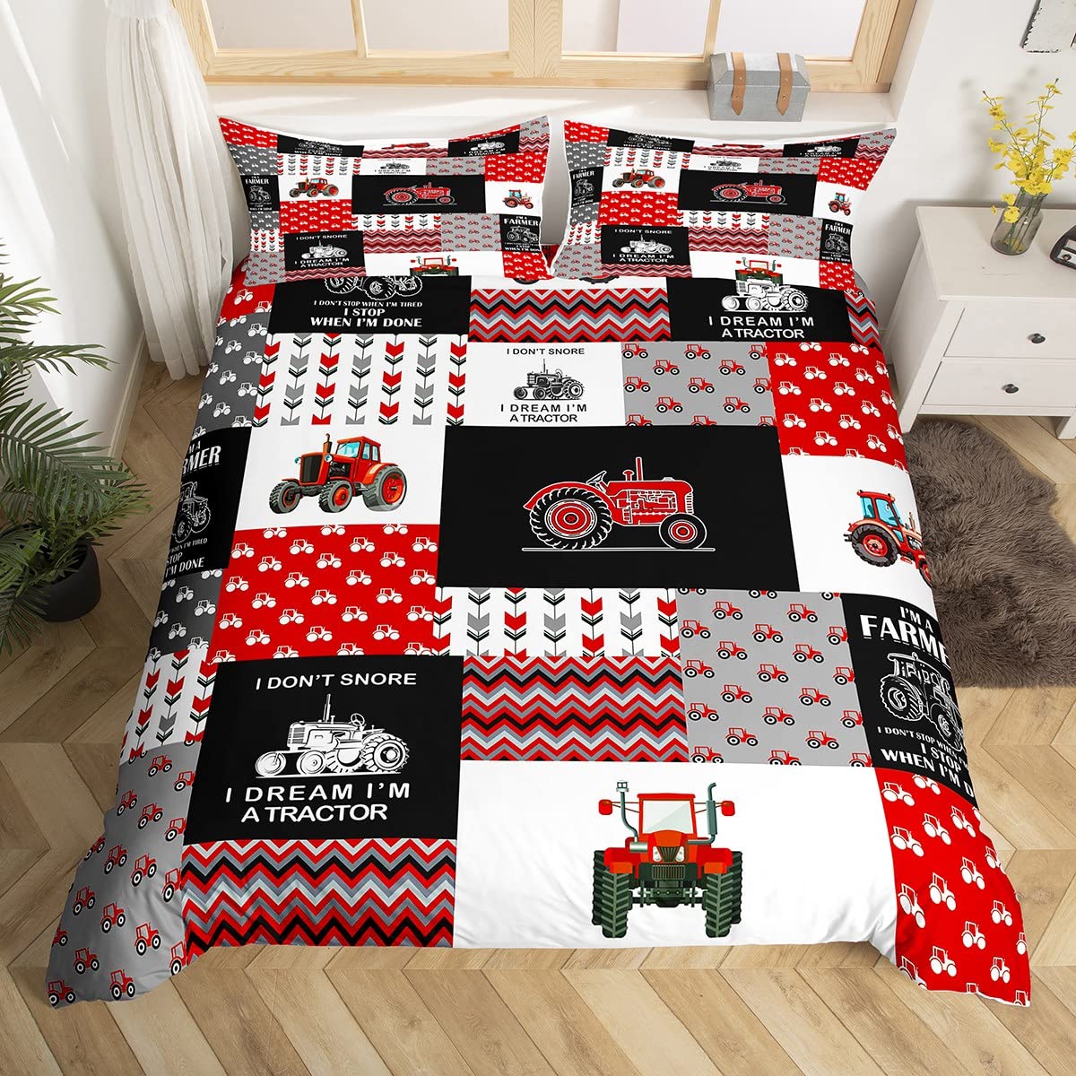Loussiesd Cartoon Tractor Duvet Cover Farm Tractor Bedding Set for Kids Boys Toddler Vehicle Truck Comforter Cover Harvester Excavator Bedspread Cover Duvet Cover King Size