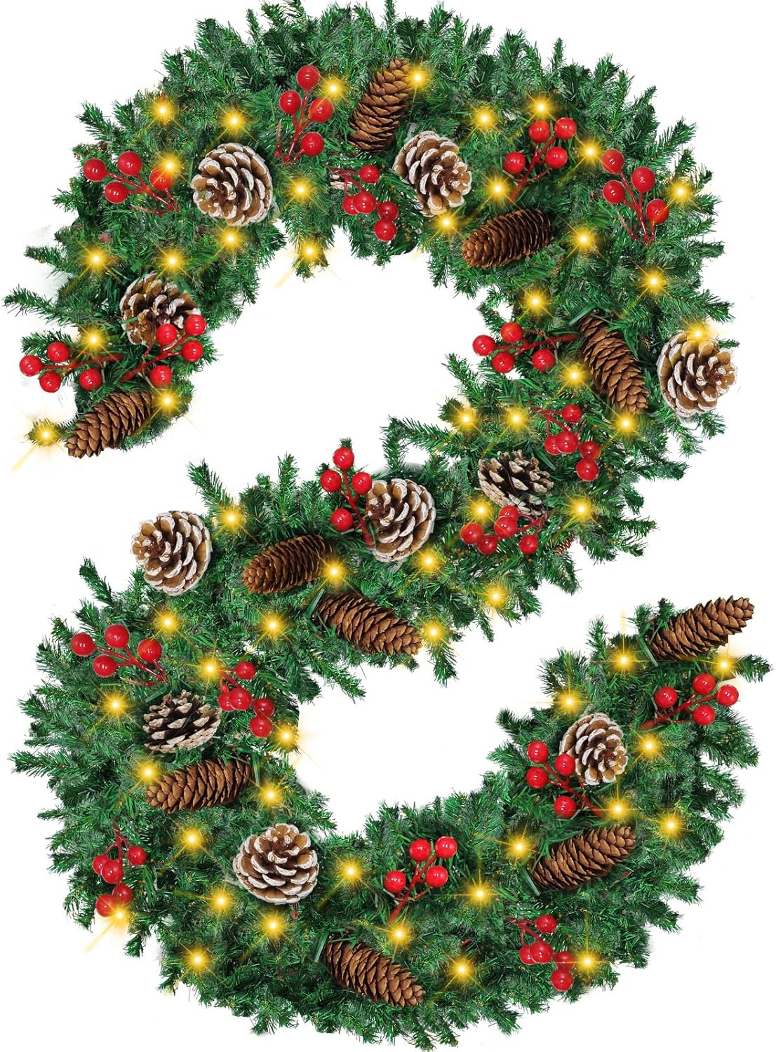Wreaths, Garlands & Swags - Mduvoz Christmas Garland, 12FT Prelit Christmas Garland with 100 LED Lights, Greenery Xmas Garland with 20 Pine Cones 90 Red Berry Christmas Decoration for Indoor Outdoor Home Mantel Fireplace