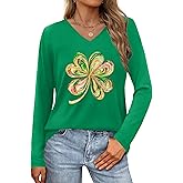 St Patricks Day Shirts for Women Lucky Shamrock Graphic T Shirt V Neck St Patrick's Day Long Sleeve Tops