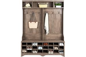 Prepac Gray Hall Tree, Shoe Cabinet, Storage Cabinet with 24 Shoe Cubbies and 6 Double Coat Hooks 15.5" D x 60" W x 77" H