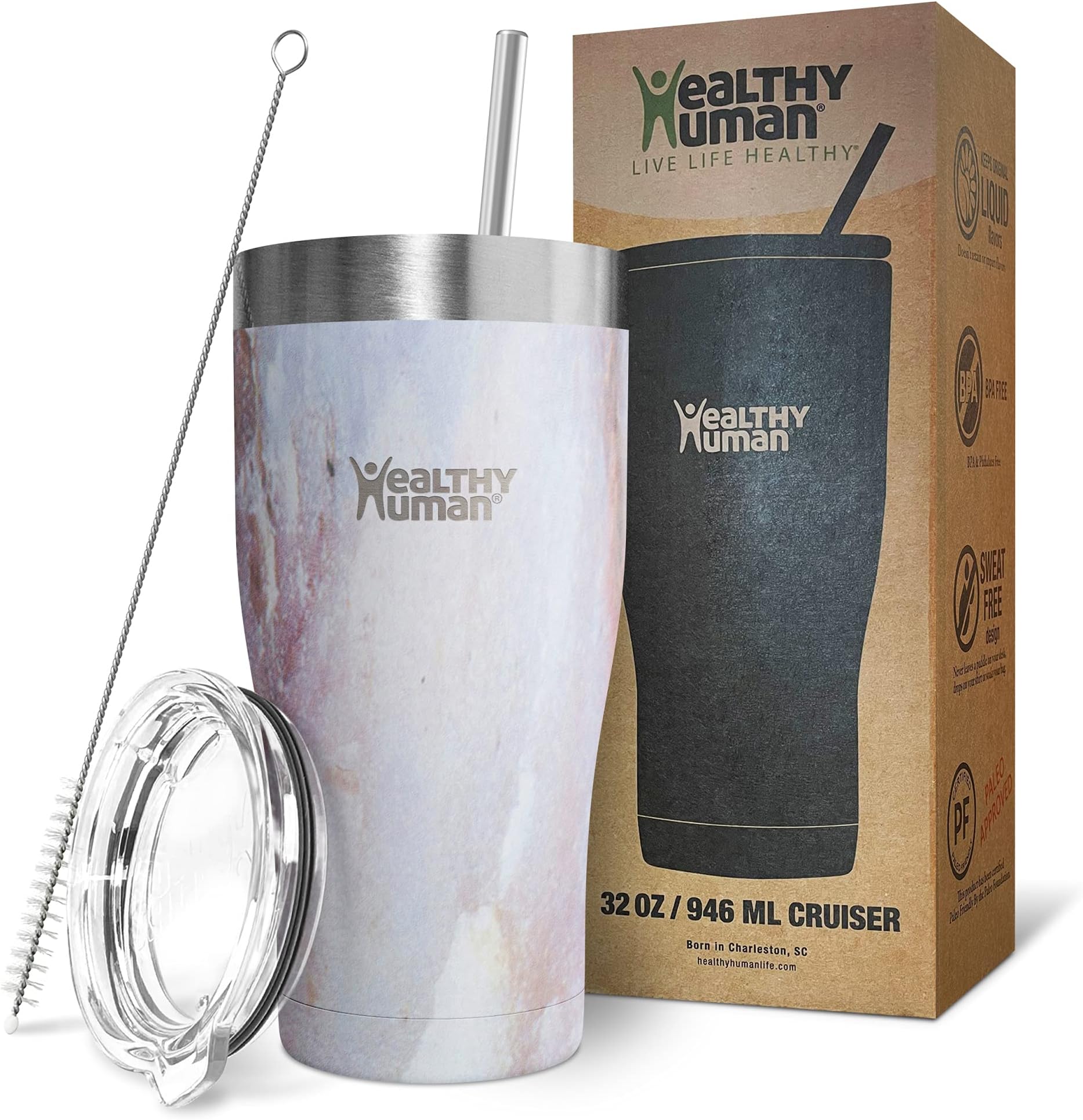 Healthy HumanStainless Steel Tumbler with Straw | Splash Proof Insulated Travel Cruiser Cup | Eco-Friendly Coffee Tumblers with Straws Cleaner & Splash Proof Lid (32oz, Mirage)