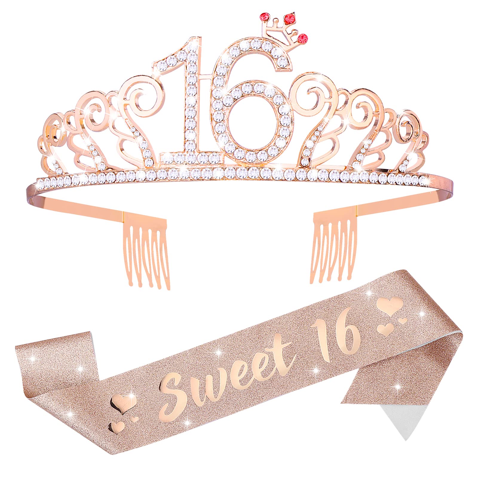 Abeillo Sweet 16 Tiara and Sash Set for Girls, Birthday Decorative Satin Sash Crystal Rhinestone Crown Sweet 16th Birthday Gifts for Girls Happy 16 Years Birthday Party Decorations Supplies