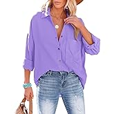 AISEW Womens Button Down Shirts Casual V Neck Long Sleeve Loose Fit Collared Plain Blouses Tops with Pocket