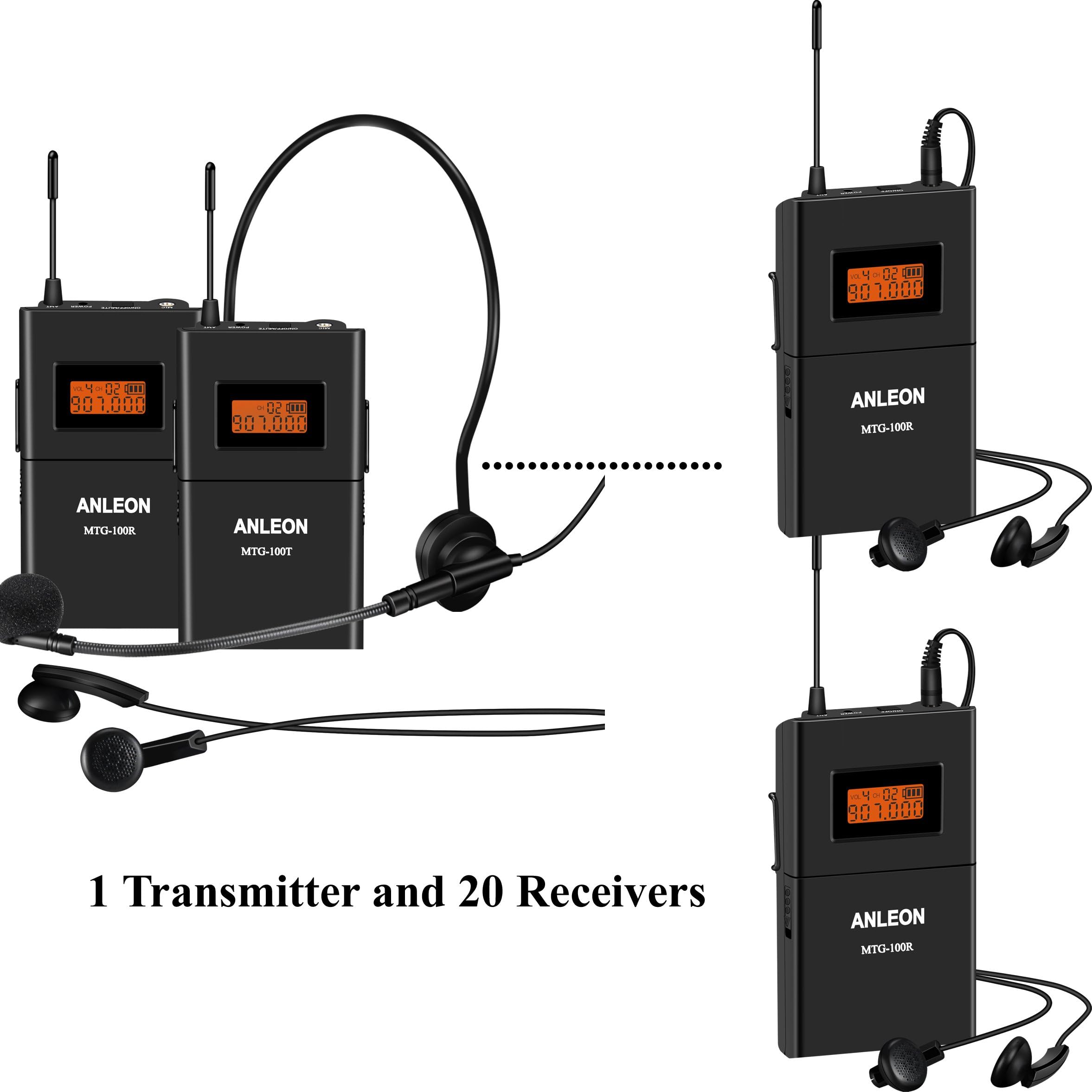 ANLEON Tour Guide Systems For Tour Guides, Teachers, Coaches,Simultaneous Interpretation,Church Translation system 915Mhz (1 transmitter and 20 receivers)
