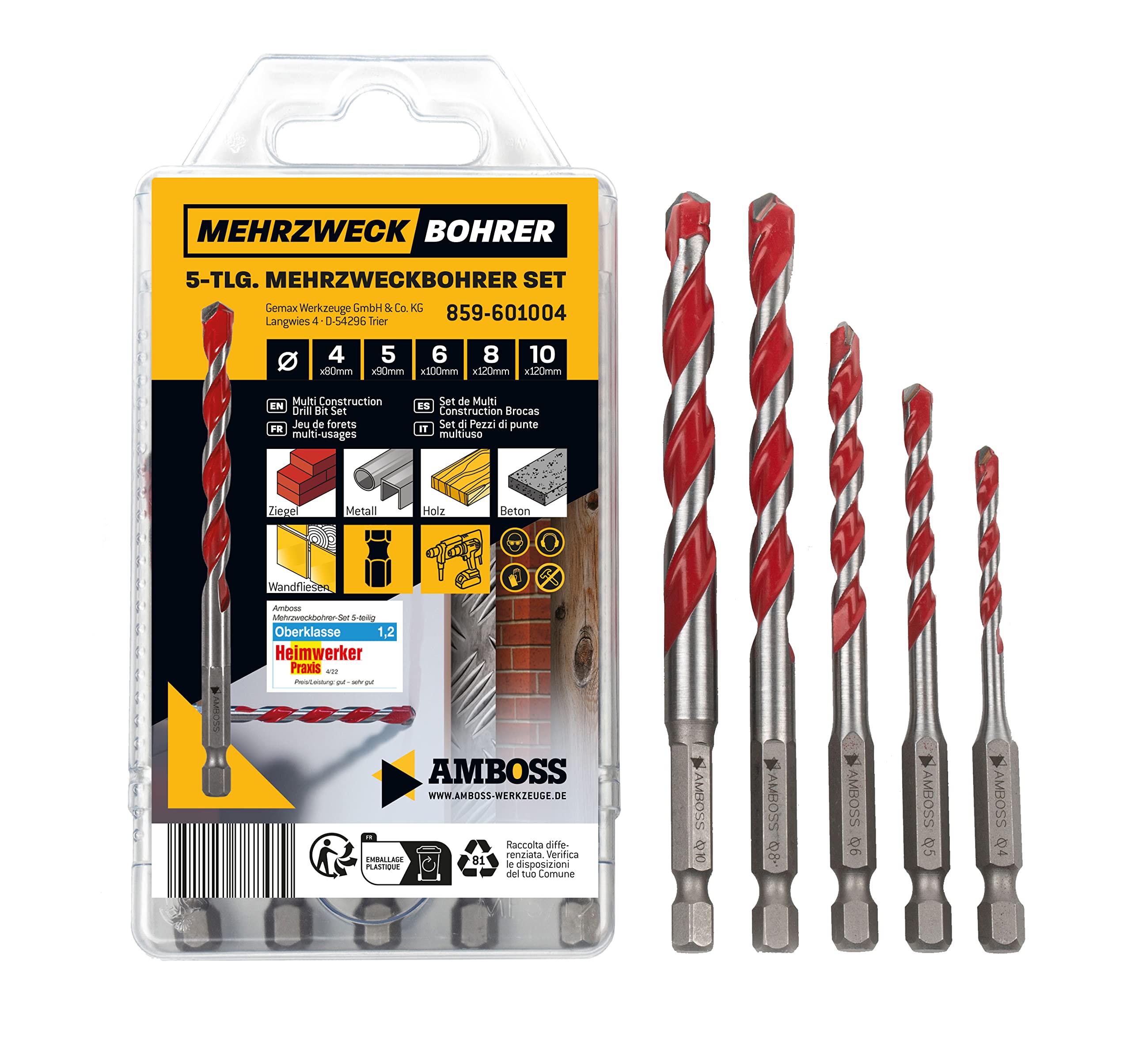 Anvil Multi-Purpose Drill Bit Set Multifunctional Drill Multi Drill 5-Piece Diameter 4.5.6.8.10 mm for Wood, Plasterboard, (Stainless Steel) Masonry and Many More | for Drills / Cordless Screwdrivers