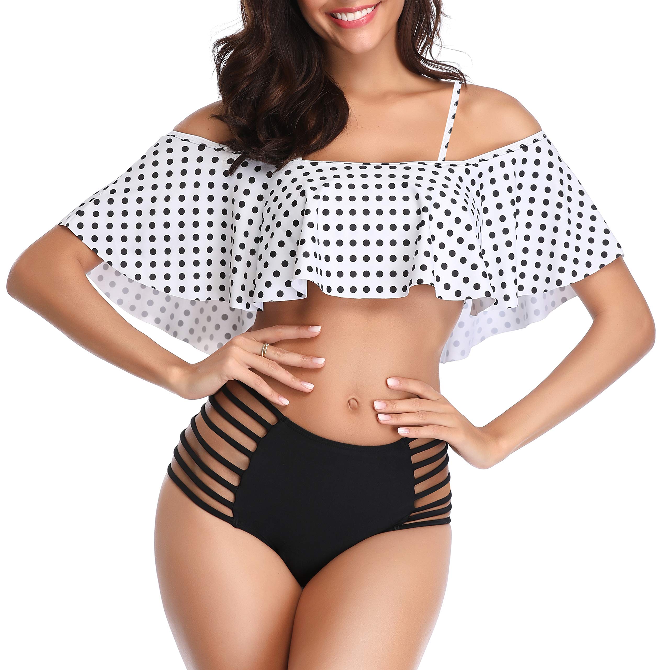 Temptme Apparel Women Off Shoulder Ruffle Two Piece Swimsuit Swimwear Cut Out Bikini Set Bathing Suit Polka Dot M
