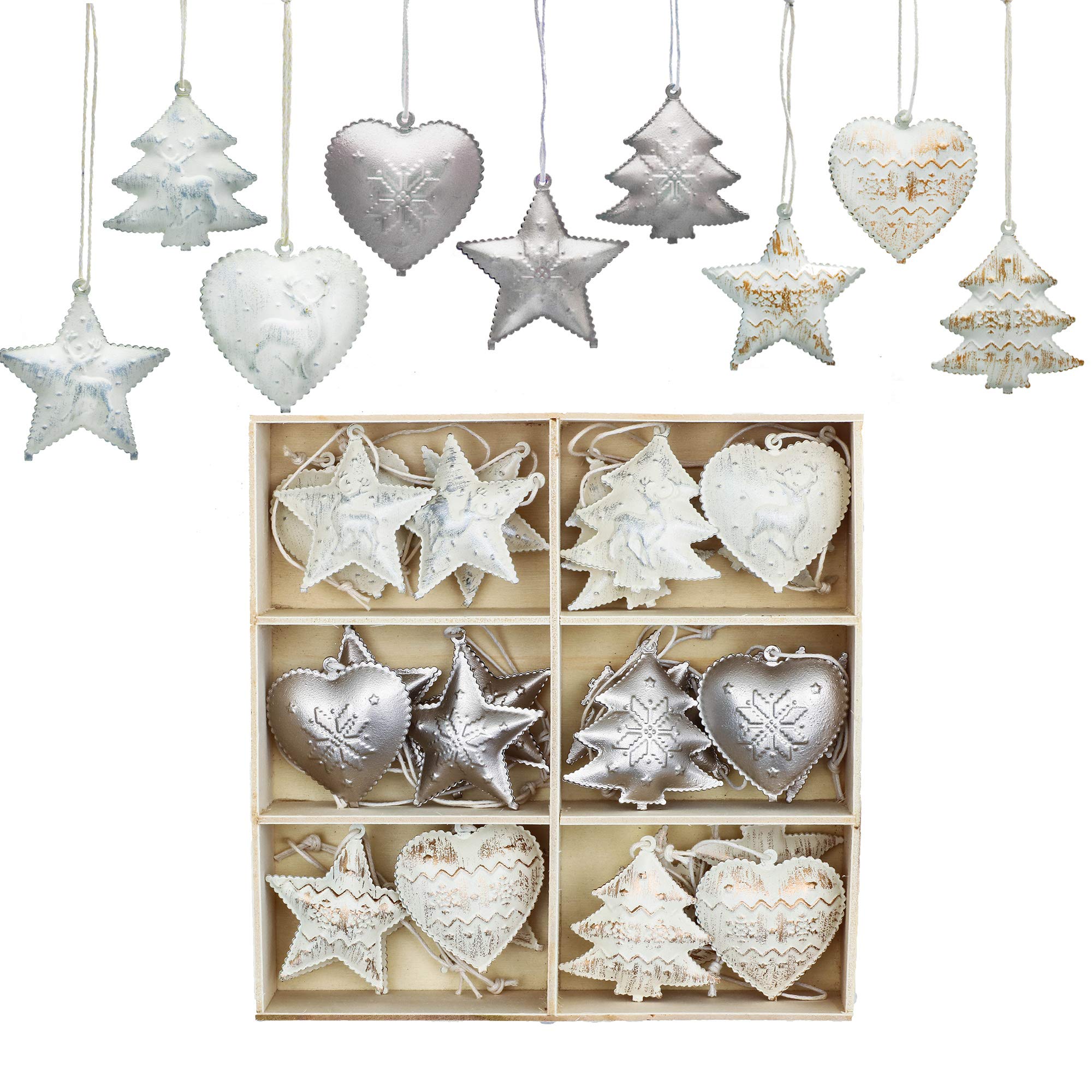 Valery Madelyn 24pcs Frozen Winter Cream Christmas Tree Decorations, Metal Christmas Jingle Bells, Xmas Hanging Pendants Ornaments with Heart-shaped, Star and Tree Patterns