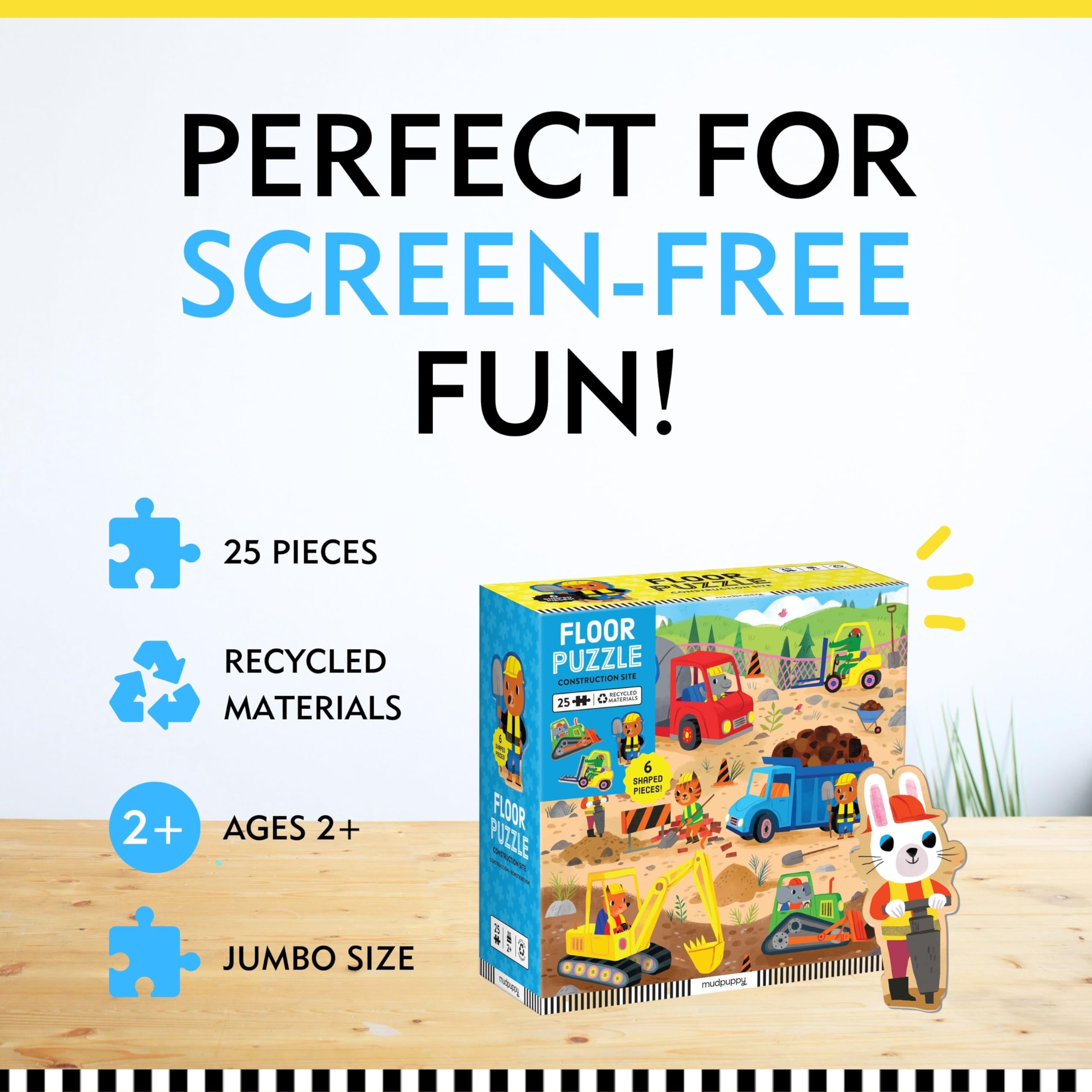 Mudpuppy’s Construction Site 25 Piece Floor Puzzle, Features 25 Colorful, Oversized Pieces, Includes 6 Special Shaped Pieces of Animal Workers, Bulldozers and More, Ages 2+, Great Gift Idea!
