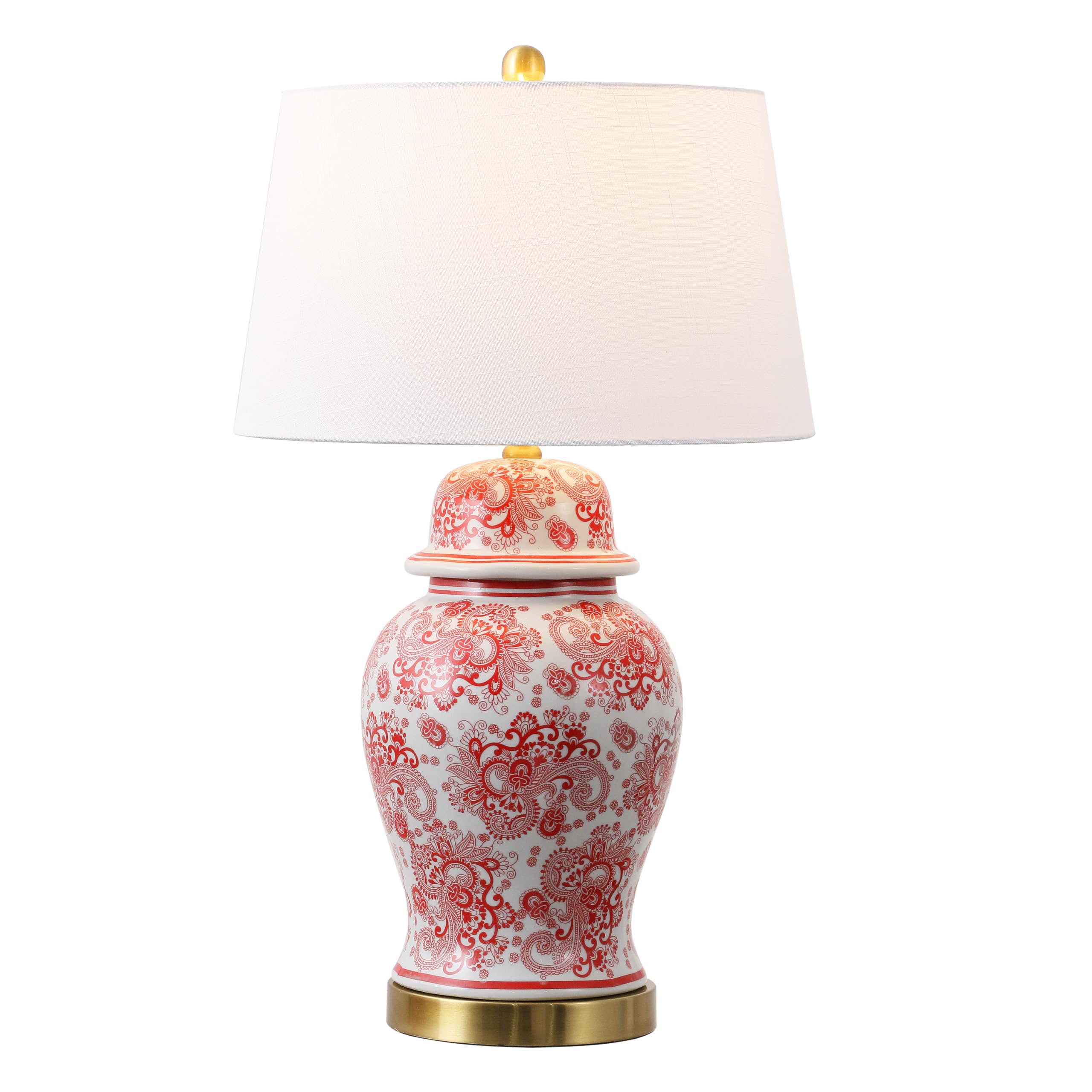 JONATHAN Y JYL3008C Ellis 29.5" Ceramic LED Table Lamp, Hand-Painted Red & White Ginger Jar Nightstand Lamp with White Linen Drum Shade, Traditional Bedside Lamp for Living Room, LED Bulb Included Image