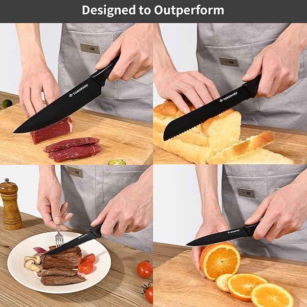 KNIFE SET WITH SHARPENER – 15 PCS HIGH CARBON STAINLESS STEEL KNIVES BLOCK SET, STAINLESS STEEL KNIFE SET, BUILT-IN SHARPENER KITCHEN KNIFE SET, WITH ANTI SLIP AND ERGONOMIC HANDLES (BLACK)