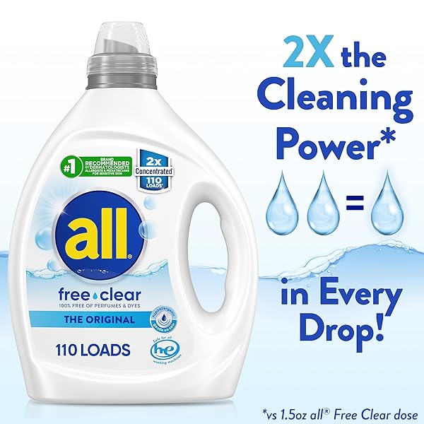 ALL FREE CLEAR, ORIGINAL, LIQUID LAUNDRY DETERGENT FOR SENSITIVE SKIN, UNSCENTED AND HYPOALLERGENIC, CONCENTRATED, 82.5OZ, 110 LOADS