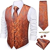 Barry.Wang Men's Suit Vest Formal/Leisure Paisley Jacquard Silk Tie Pocket Square Waistcoat Set Wedding 5PCS