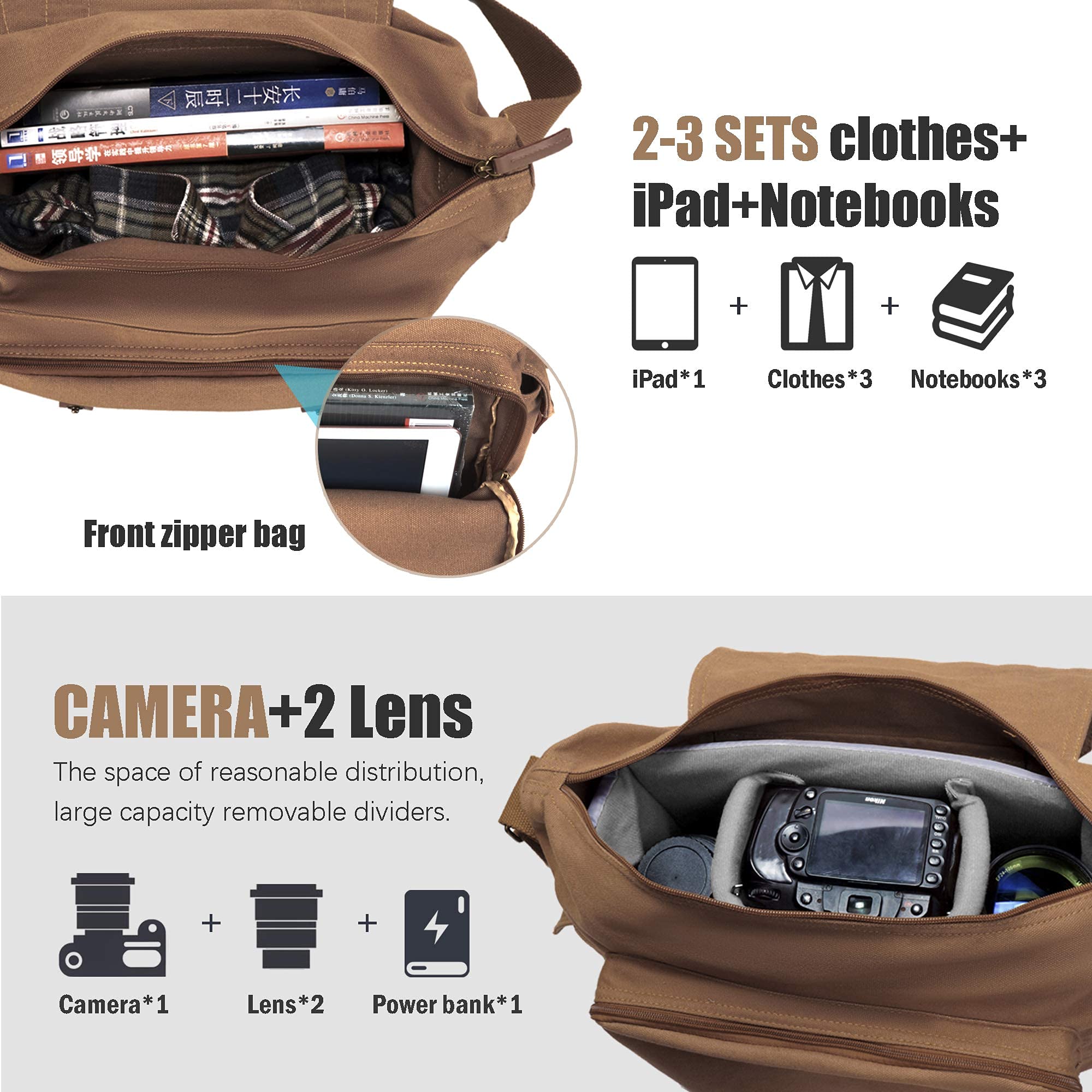 Cwatcun Camera Case Canvas Shoulder Bag with detachable insert Case Shockproof Camera Messenger Bag for Canon Sony Nikon DSLR/SLR, Mirrorless Camera Bag with Tripod Holder for Men Women (Color:Brown)