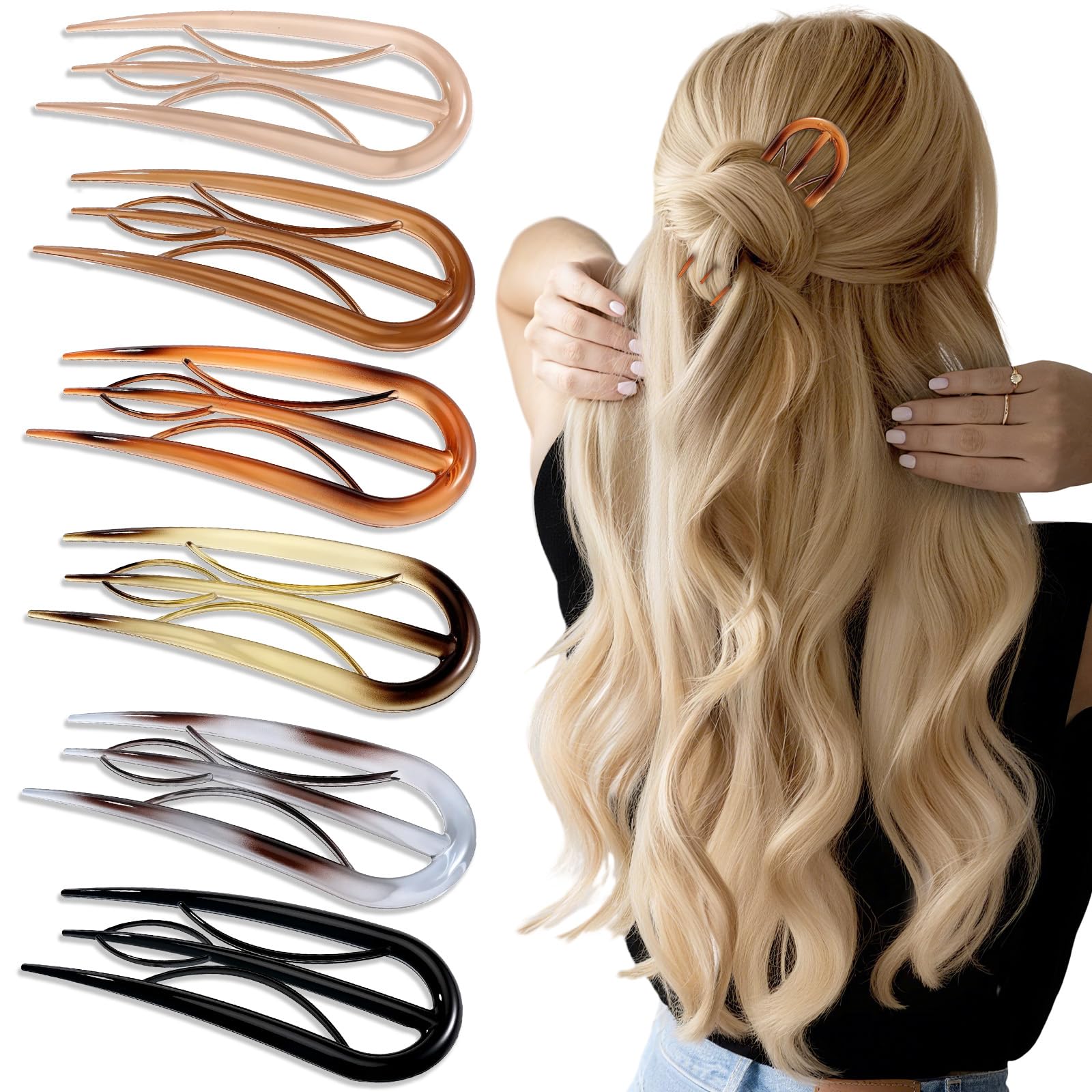 Photo 1 of 6PCS French Hair Pins for Women, Tortoise Shell French Pins Hair, Large Hair Styling Pins for Thin Thick Hair, 3 Internal Teeth Hair Sticks, Lialys Hair Pin for Buns, French Twist Pin Wavy U Shaped