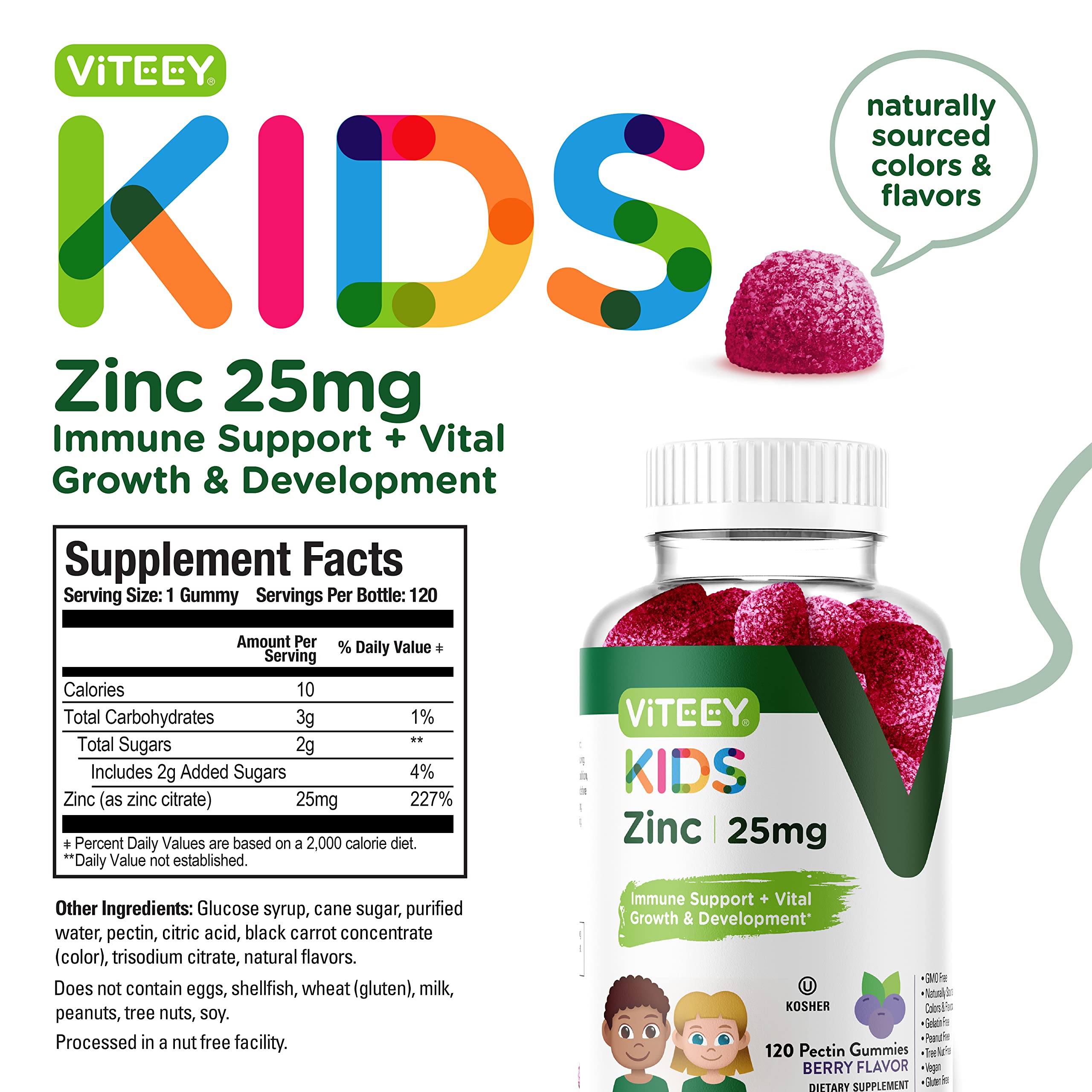 Zinc for Kids Gummies, 25mg - Immune Support for Kids & Teens - Powerful Natural Antioxidant, Kids Zinc Vitamin Supplement - Vegan, Gelatin Free, Gluten Free - Tasty Chewable Berry Flavor Gummy