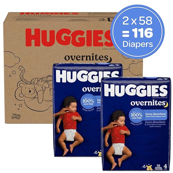 HUGGIES SIZE 4 OVERNITES BABY DIAPERS: OVERNIGHT DIAPERS, SIZE 4 (22-37 LBS), 116 CT (2 PACKS OF 58), PACKAGING MAY VARY
