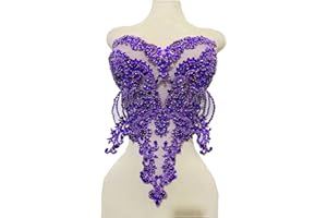 ZBROH Handmade red/Blue/Gold/Green Rhinestones lace Bodice Applique Sewing Beads Crystal Trim Patches Accessory for Dress Clothes (Purple)